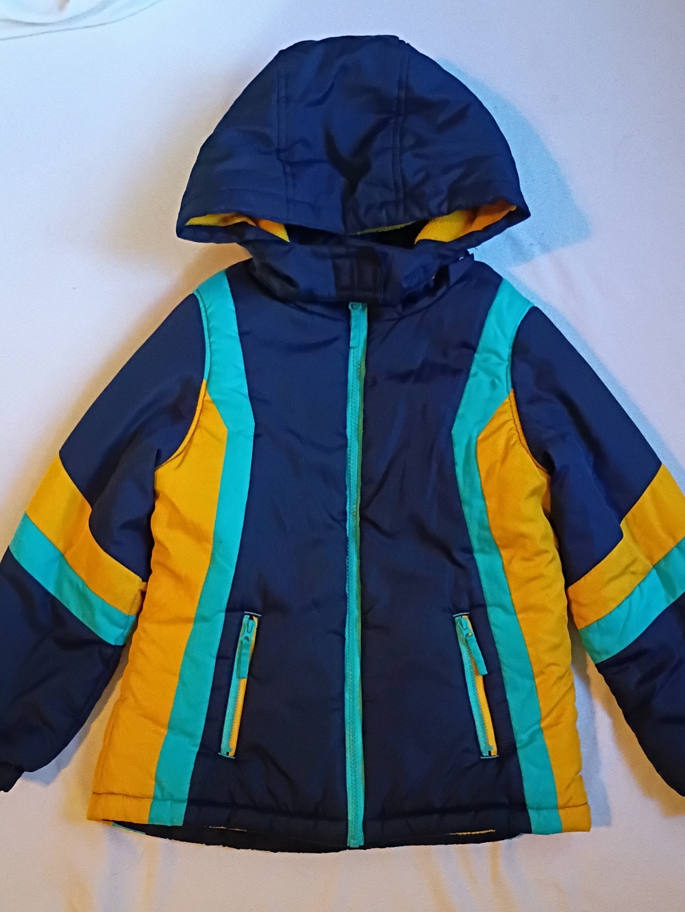 Mint Navy, Yellow & Teal Hooded Puffer Jacket for Kids
